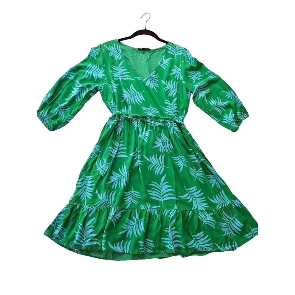 Gibsonlook‎ Tropical Resort Mini Dress S Leaf Print V Neck Tie Waist Vacation